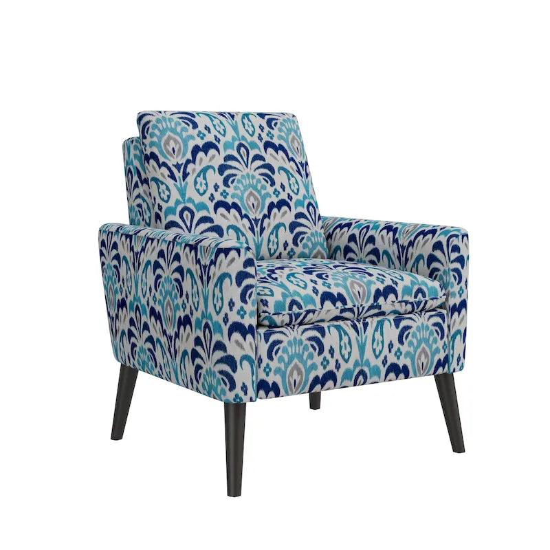 Poltrona decorativa con braccioli e motivo moderno stile metà secolo, molle sinuose, gambe in legno color espresso