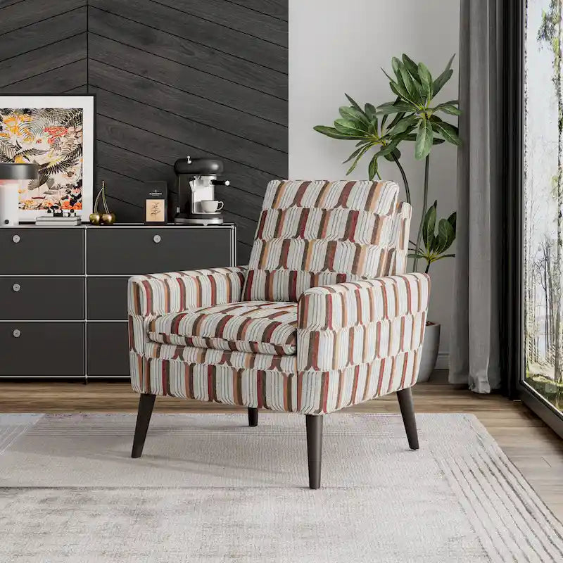 Mid-Century Modern Patterned Accent Armchair Sinuous Spring Espresso Wood Legs
