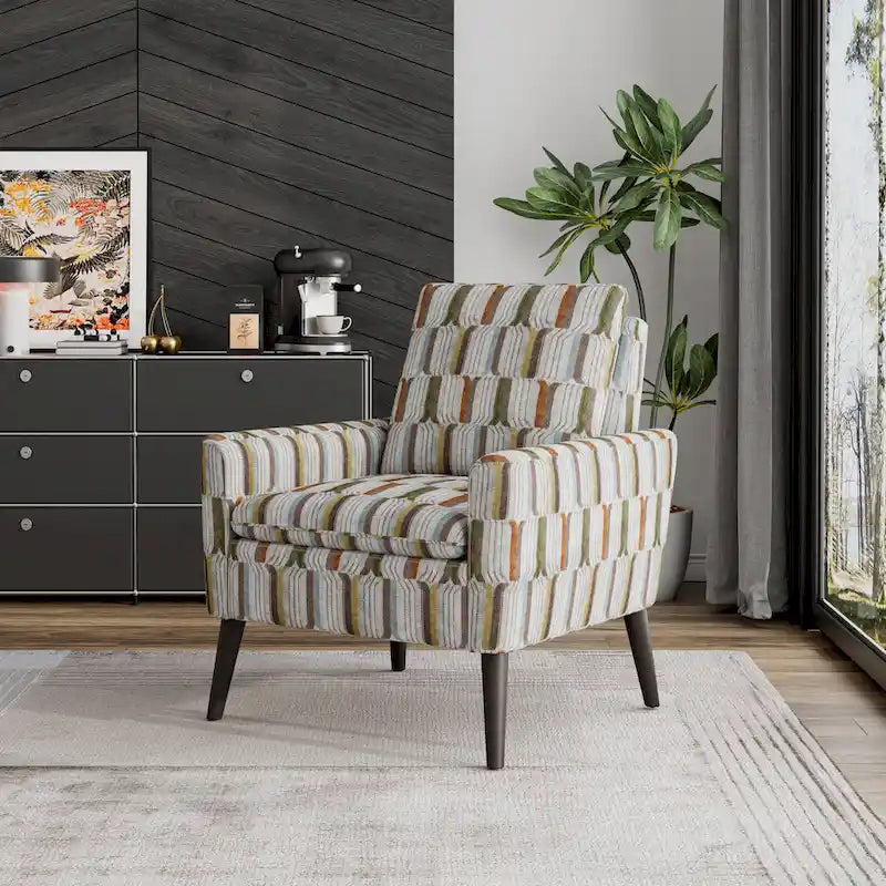 Poltrona decorativa con braccioli e motivo moderno stile metà secolo, molle sinuose, gambe in legno color espresso