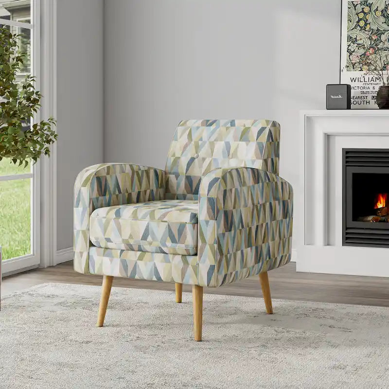 Poltrona decorativa con braccioli e motivo moderno stile metà secolo, molle sinuose, gambe in legno color espresso