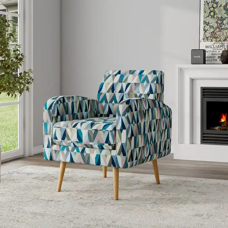 Mid-Century Modern Patterned Accent Armchair Sinuous Spring Espresso Wood Legs
