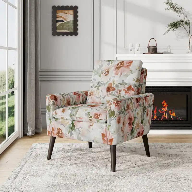 Mid-Century Modern Patterned Accent Armchair Sinuous Spring Espresso Wood Legs