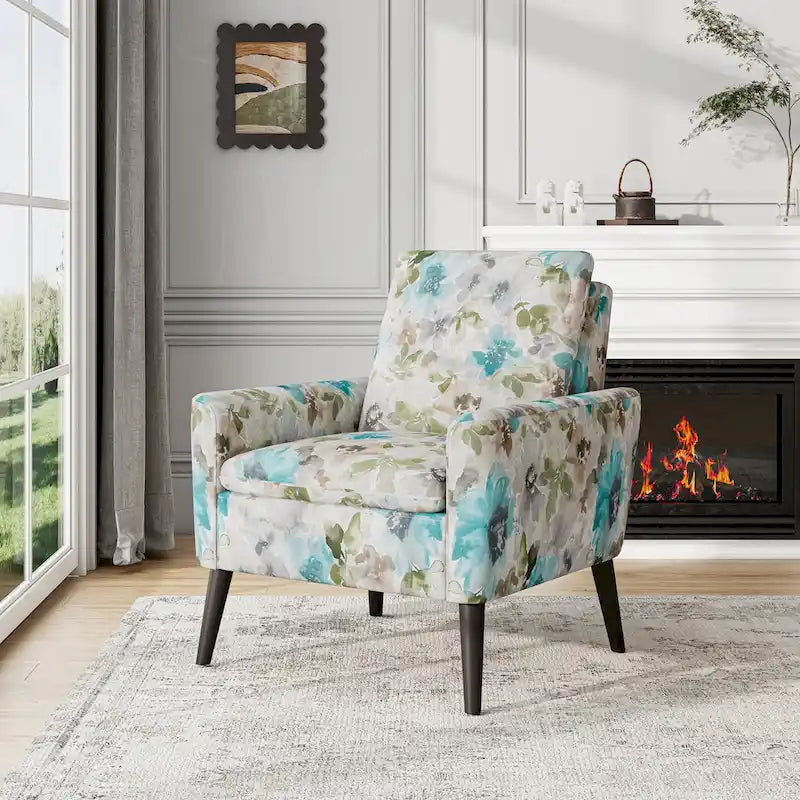 Mid-Century Modern Patterned Accent Armchair Sinuous Spring Espresso Wood Legs