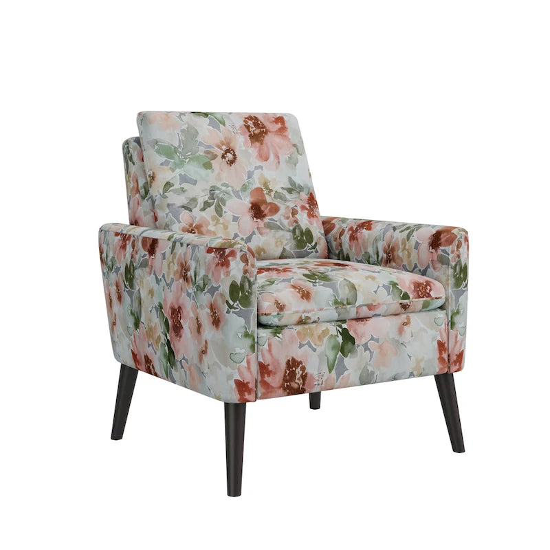 Mid-Century Modern Patterned Accent Armchair Sinuous Spring Espresso Wood Legs