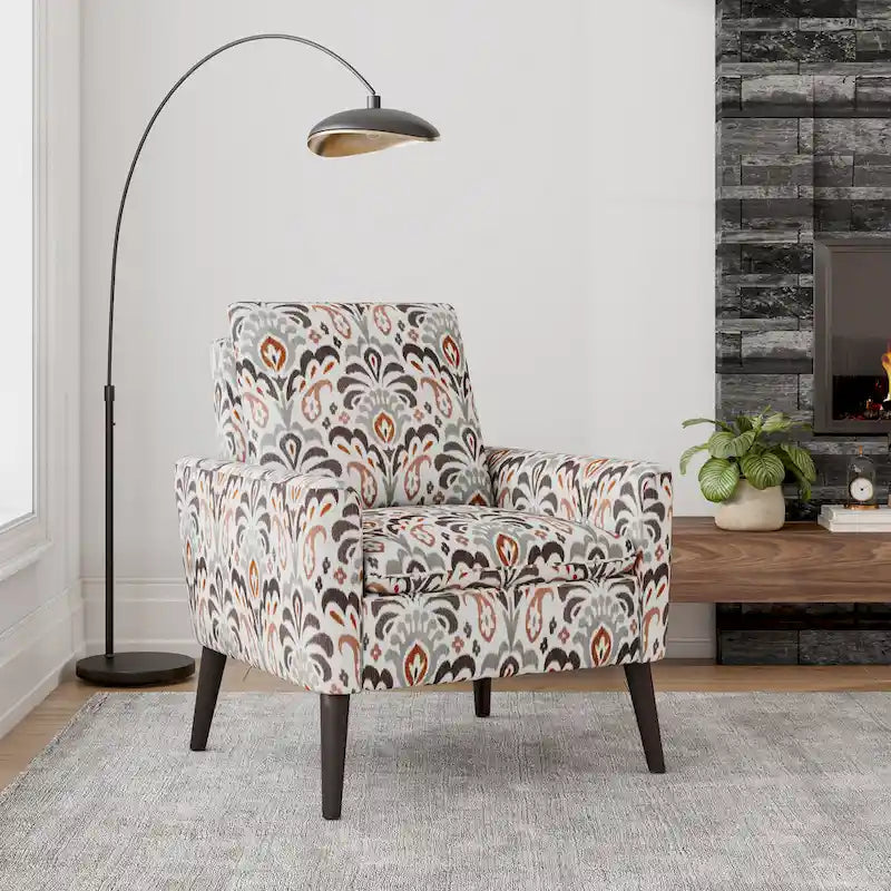 Mid-Century Modern Patterned Accent Armchair Sinuous Spring Espresso Wood Legs