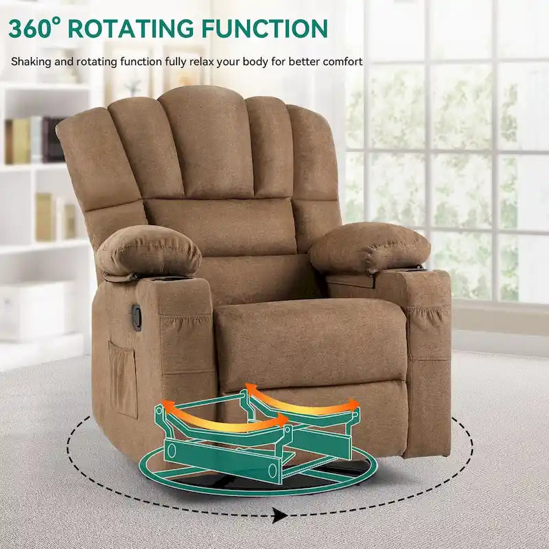 360° Swivel Rocker Recliner Chair 2 Cup Holders Side Pockets Brown Fabric