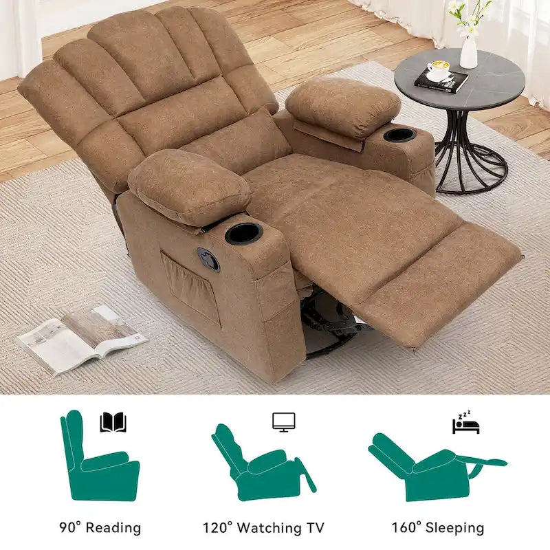 360° Swivel Rocker Recliner Chair 2 Cup Holders Side Pockets Brown Fabric