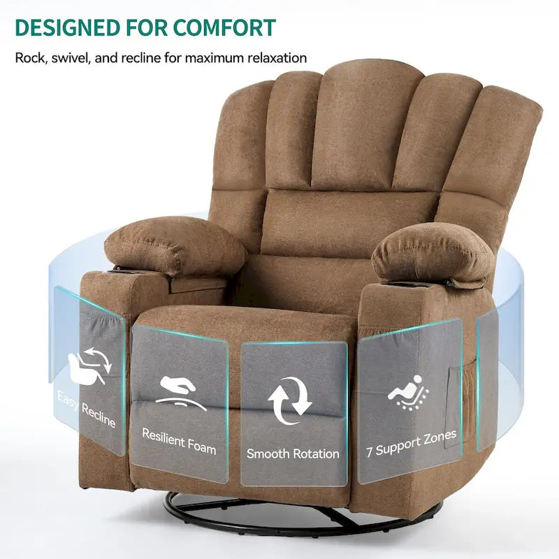 360° Swivel Rocker Recliner Chair 2 Cup Holders Side Pockets Brown Fabric