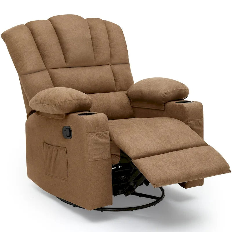 360° Swivel Rocker Recliner Chair 2 Cup Holders Side Pockets Brown Fabric