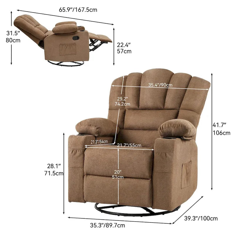 360° Swivel Rocker Recliner Chair 2 Cup Holders Side Pockets Brown Fabric